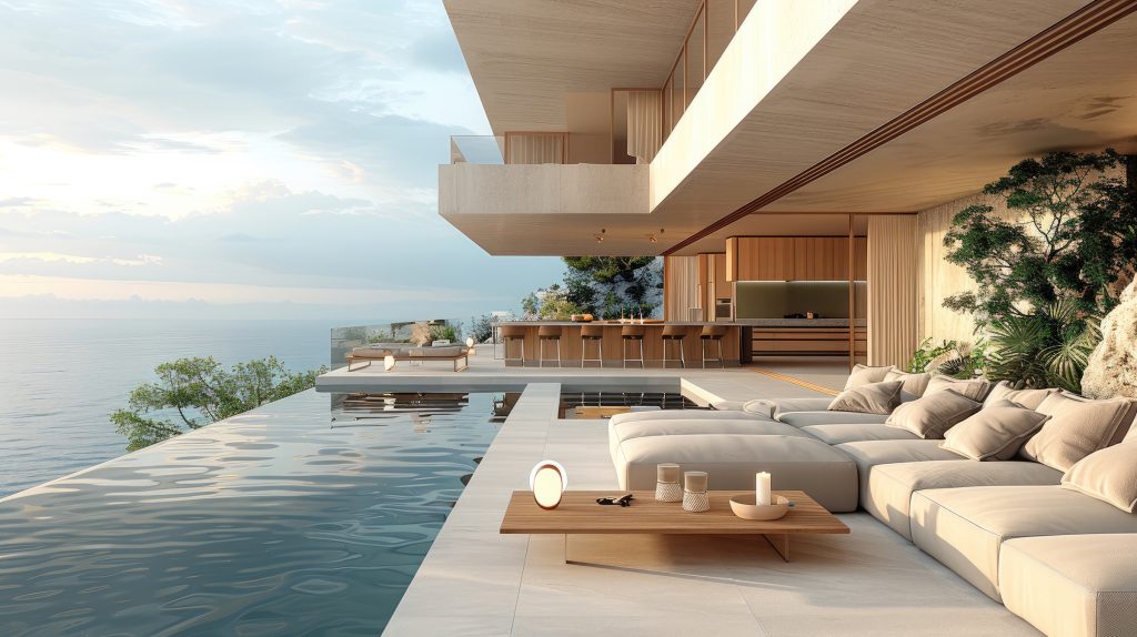 A open living room of an ultra-luxury mansion with outdoor sofa seating. Lemon Tree Housekeeping Executive Property Management and Property Managers